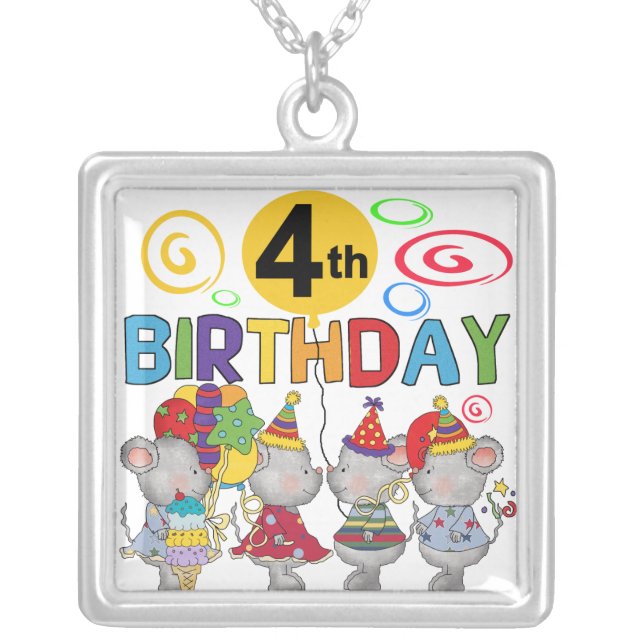 Mice 4th Birthday T-shirts and Gifts Silver Plated Necklace (Front)