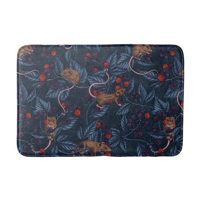 Mice and blackberries on navy bath mat (Front)
