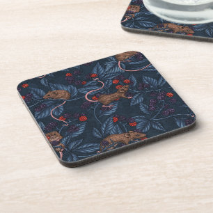 Mice and blackberries on navy beverage coaster
