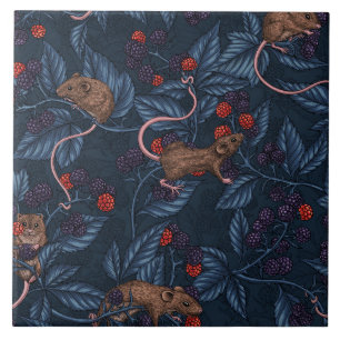 Mice and blackberries on navy ceramic tile