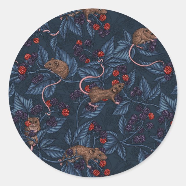 Mice and blackberries on navy classic round sticker (Front)