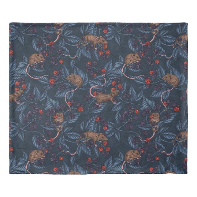 Mice and blackberries on navy duvet cover (Front)