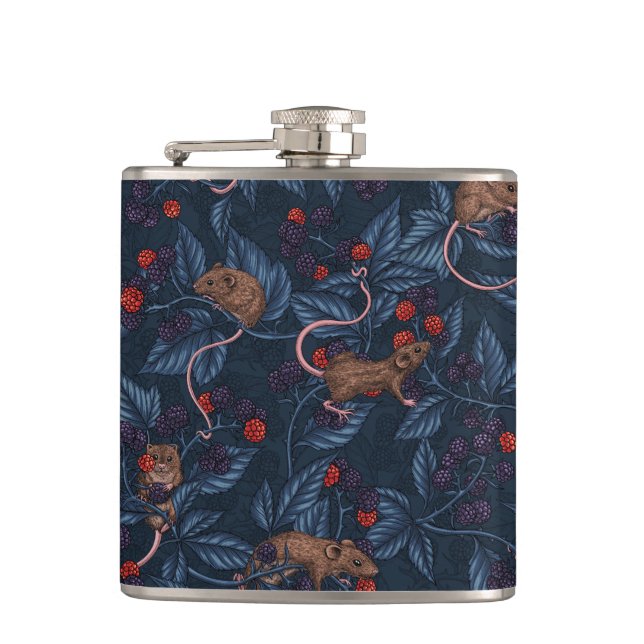 Mice and blackberries on navy flask (Front)