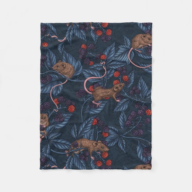 Mice and blackberries on navy fleece blanket (Front)