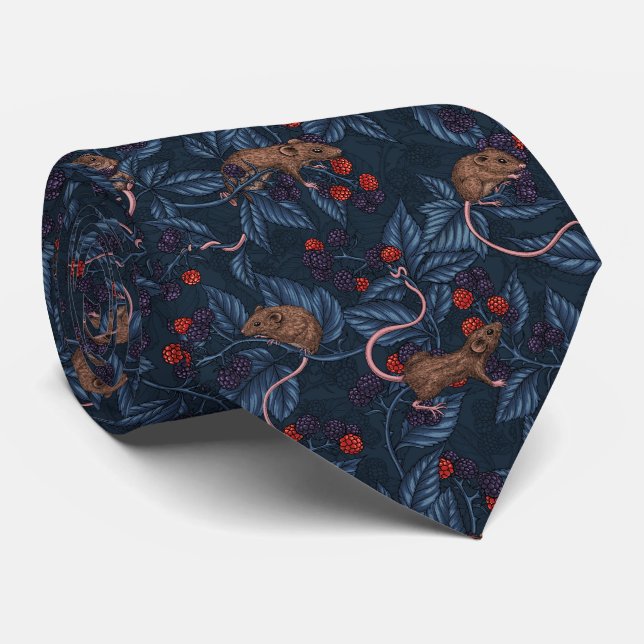 Mice and blackberries on navy neck tie (Rolled)