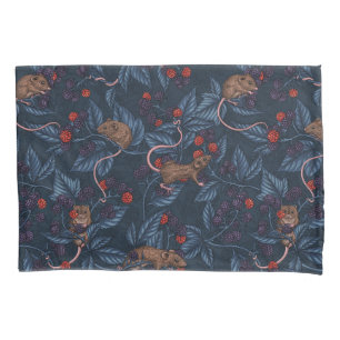 Mice and blackberries on navy pillow case