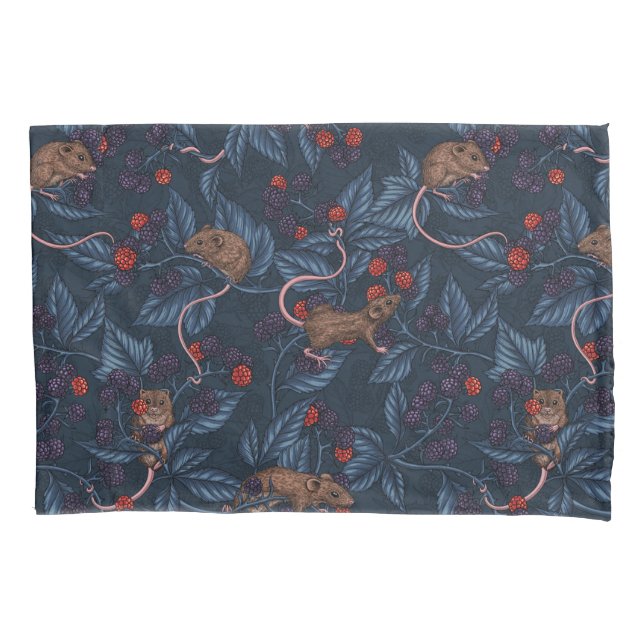 Mice and blackberries on navy pillow case (Front-Left)