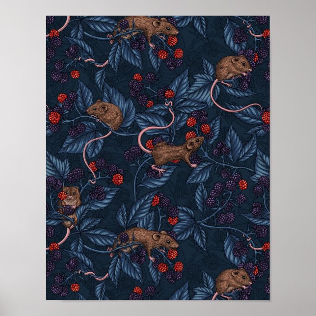 Mice and blackberries on navy poster (Front)