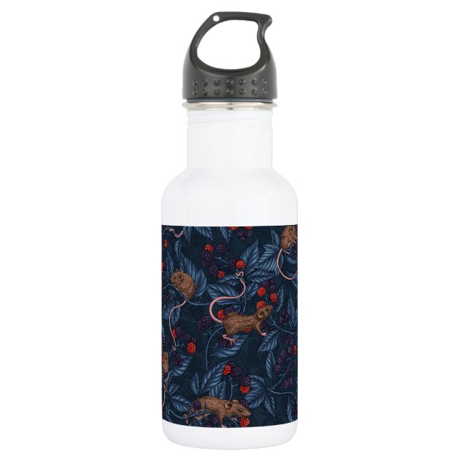 Mice and blackberries on navy stainless steel water bottle (Front)