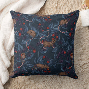 Mice and blackberries on navy throw pillow