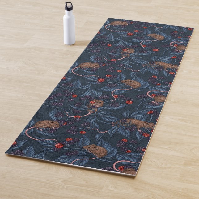 Mice and blackberries on navy yoga mat (In Situ)