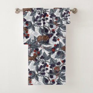 Mice and blackberries on white bath towel set