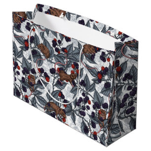 Mice and blackberries on white large gift bag