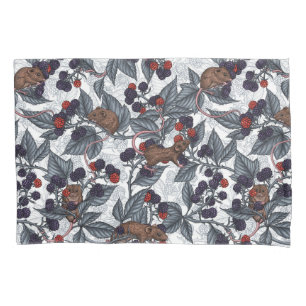 Mice and blackberries on white pillow case