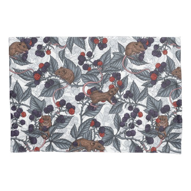 Mice and blackberries on white pillow case (Front-Left)
