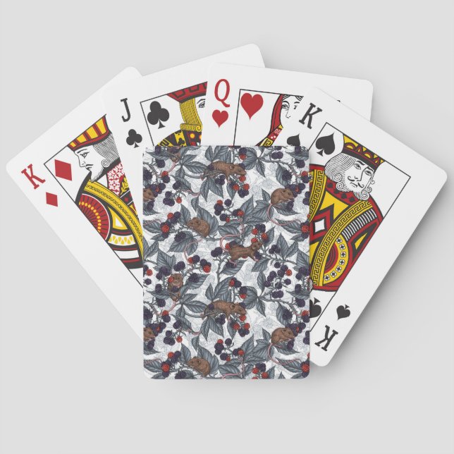 Mice and blackberries on white poker cards (Back)