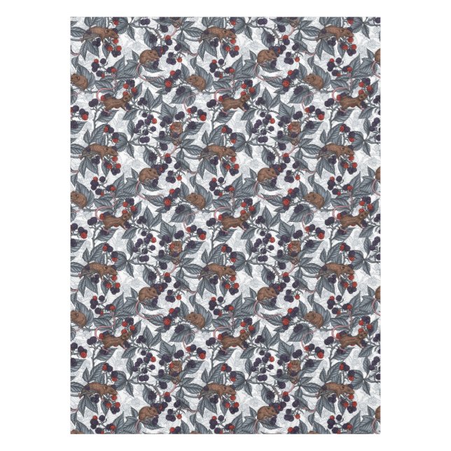 Mice and blackberries on white tablecloth (Front)