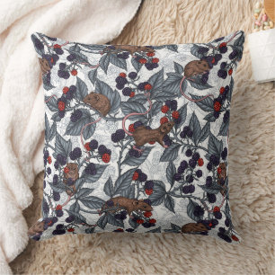 Mice and blackberries on white throw pillow