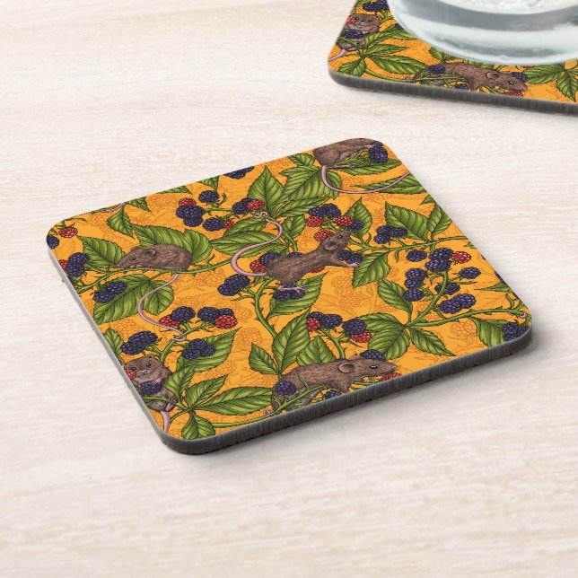 Mice and blackberries on yellow beverage coaster (Left Side)