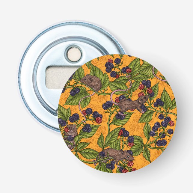 Mice and blackberries on yellow bottle opener (Front)