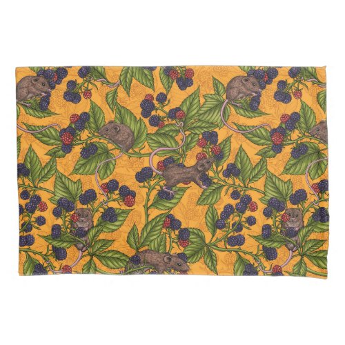 Mice and blackberries on yellow pillow case