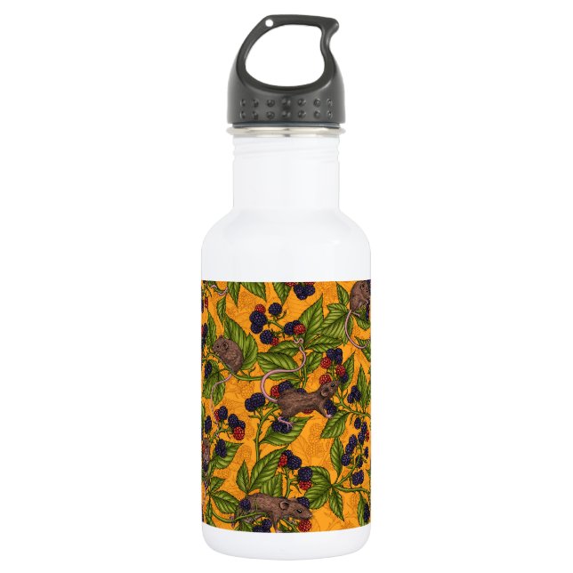 Mice and blackberries on yellow stainless steel water bottle (Front)