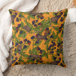 Mice and blackberries on yellow throw pillow