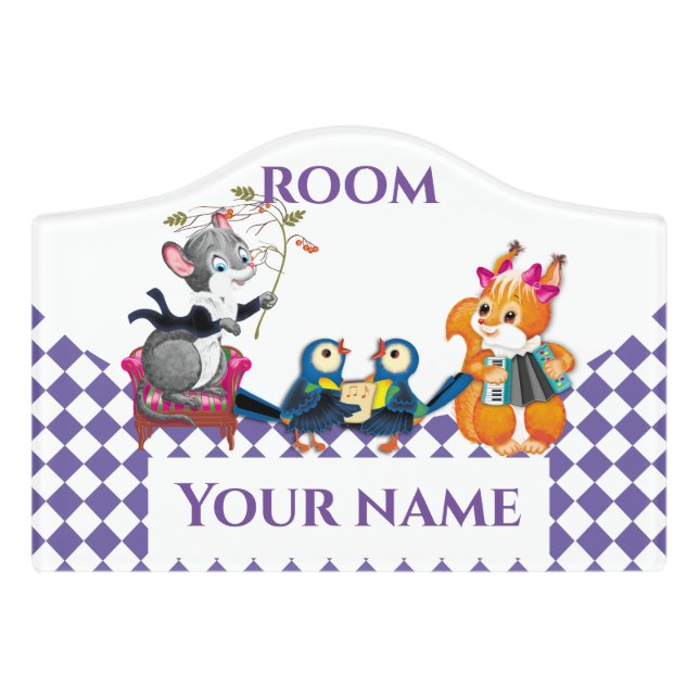 Mice and squirrels play a concert door sign (Small Crest Front)