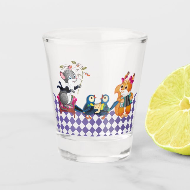 Mice and squirrels play a concert shot glass (Front)