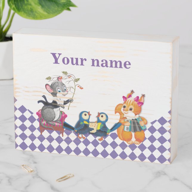 Mice and squirrels play a concert wooden box sign (In Situ Horizontal)