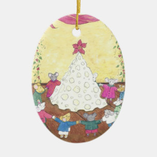 Mice around a Cheese Christmas Tree Ceramic Ornament