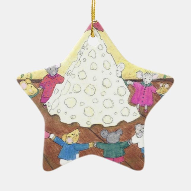 Mice around a Cheese Christmas Tree Ceramic Ornament (Front)
