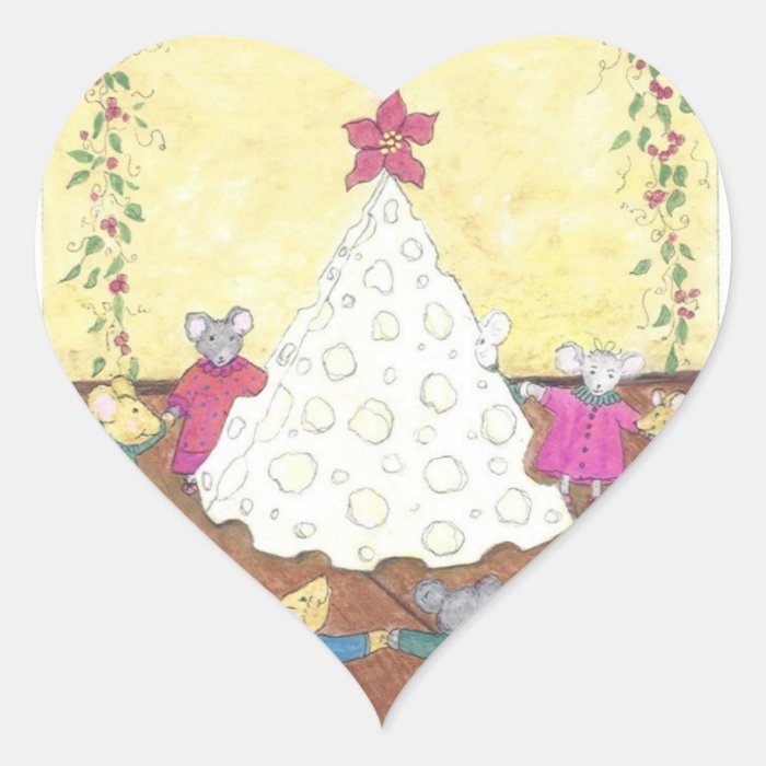 Mice around a Cheese Christmas Tree Heart Sticker