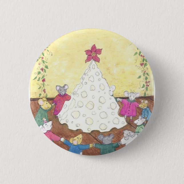 Mice around a Cheese Christmas Tree Pinback Button (Front)