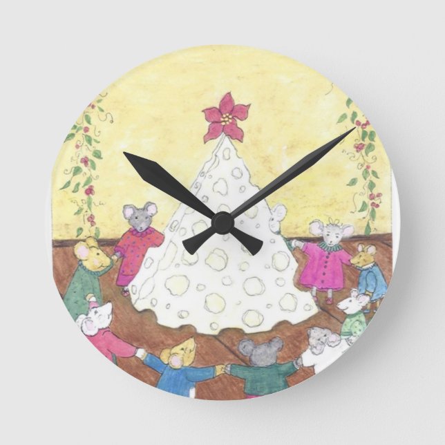 Mice around a Cheese Christmas Tree Round Clock (Front)