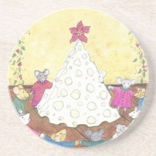 Mice around a Cheese Christmas Tree Sandstone Coaster (Front)