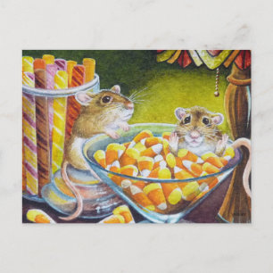 Mice Candy Sticks Candy Corn Watercolor Art Postcard