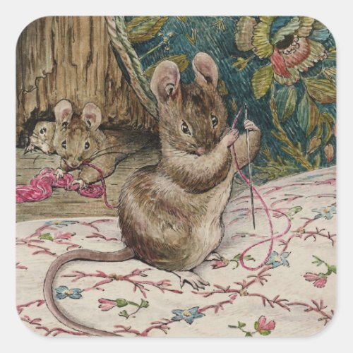 Mice Embroidering a Waistcoat Beatrix Potter 1902 Square Sticker