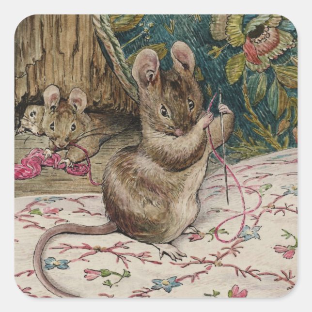 Mice Embroidering a Waistcoat Beatrix Potter 1902 Square Sticker (Front)