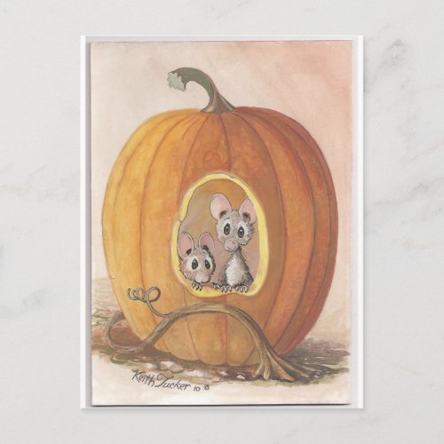 mice inside pumpkin postcard