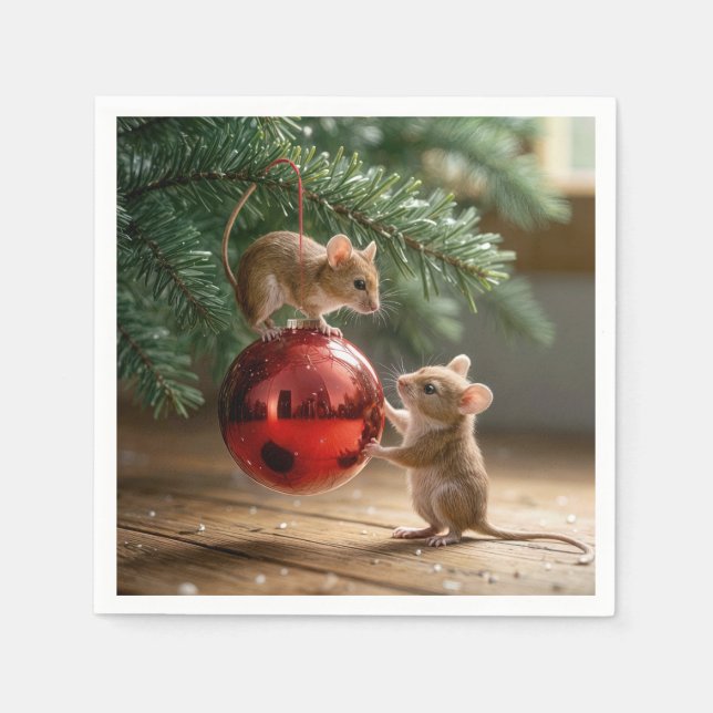 Mice On a Red Christmas Ornament Napkins (Front)