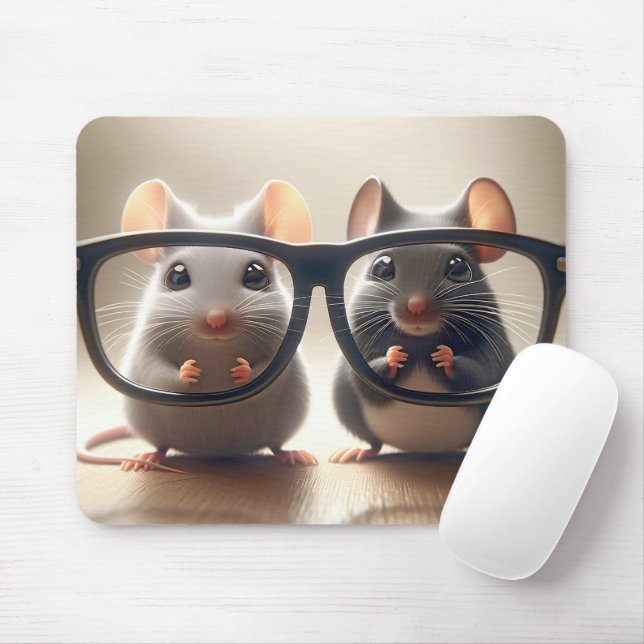 Mice Peering From Behind Black Eyeglasses Mouse Pad (With Mouse)