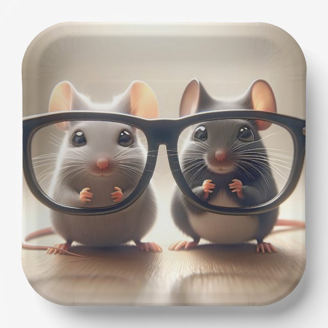 Mice Peering From Behind Black Eyeglasses Paper Plates (Front)
