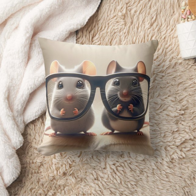 Mice Peering From Behind Black Eyeglasses Throw Pillow (Blanket)