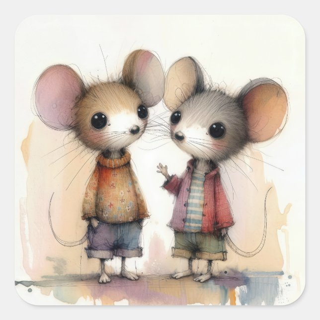 Mice Watercolor Square Sticker (Front)