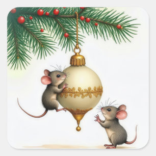 Mice With Gold Christmas Ornament Square Sticker