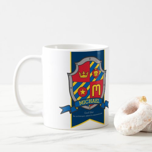 Michael name meaning knight shield red blue bird coffee mug