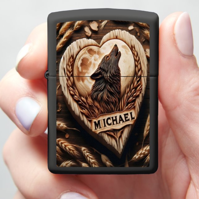 Michael Wooden Wolf Howls At Moon Zippo Lighter (In Hand)