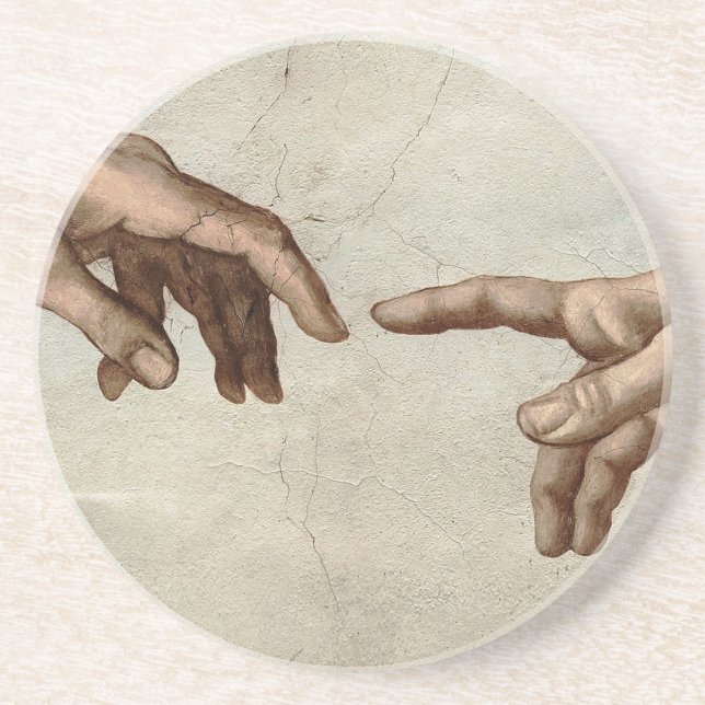 Michaelangelo hands creation adam god coaster (Front)