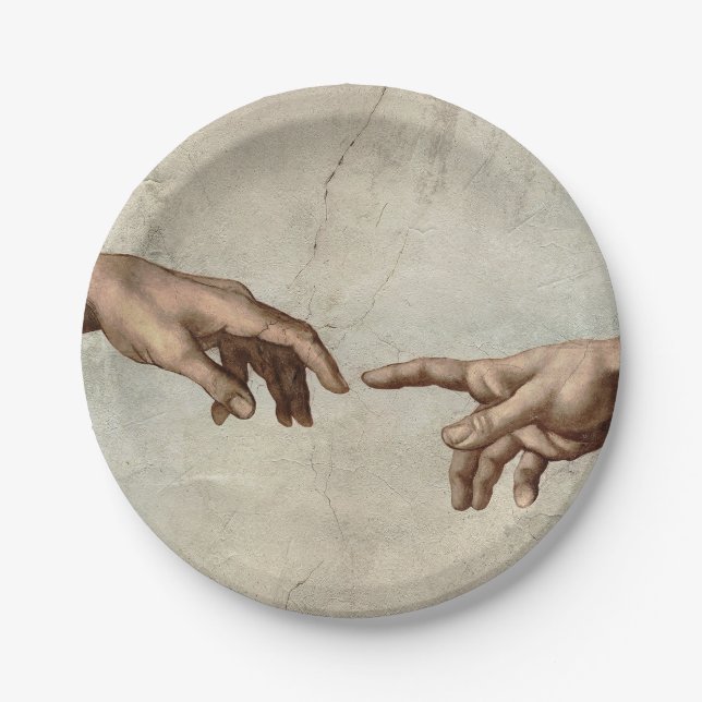 Michaelangelo hands creation adam god paper plates (Front)